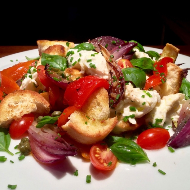 Panzanella with grilled peppers and mozzarella