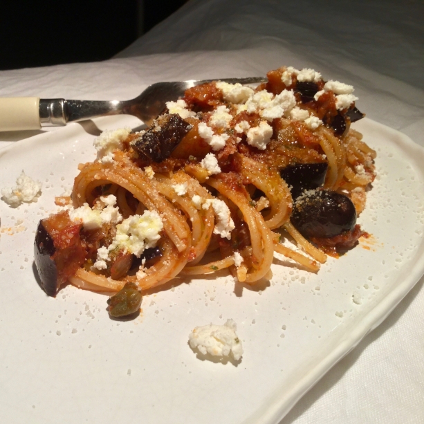 Spaghetti with eggplants and smoked ricotta cheese 